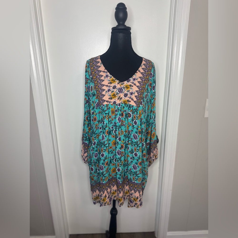Umgee long sleeve boho tunic multicolor mix print dress size medium